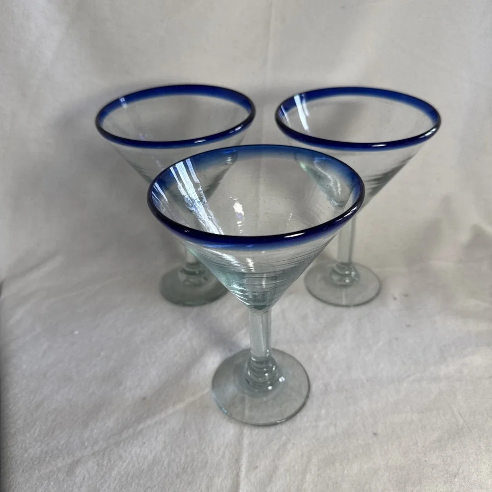 3 Tall Mexican Style Martini Margarita Glass Cobalt Blue Rim Handmade Glass